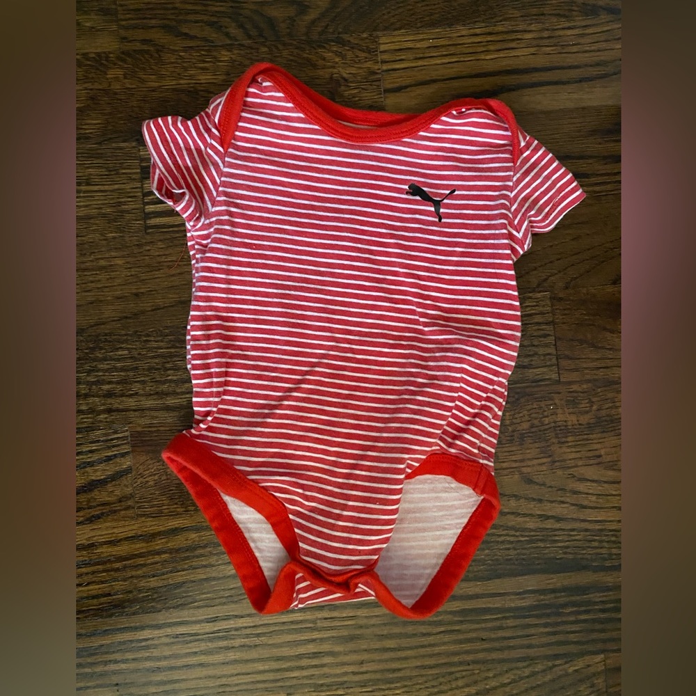 Puma red & white striped 0-3 month onesie